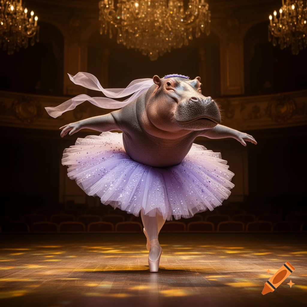 A hippopotamus ballerina in a sparkling lavender tutu and pointe shoes dances en pointe on a grand stage with chandeliers.