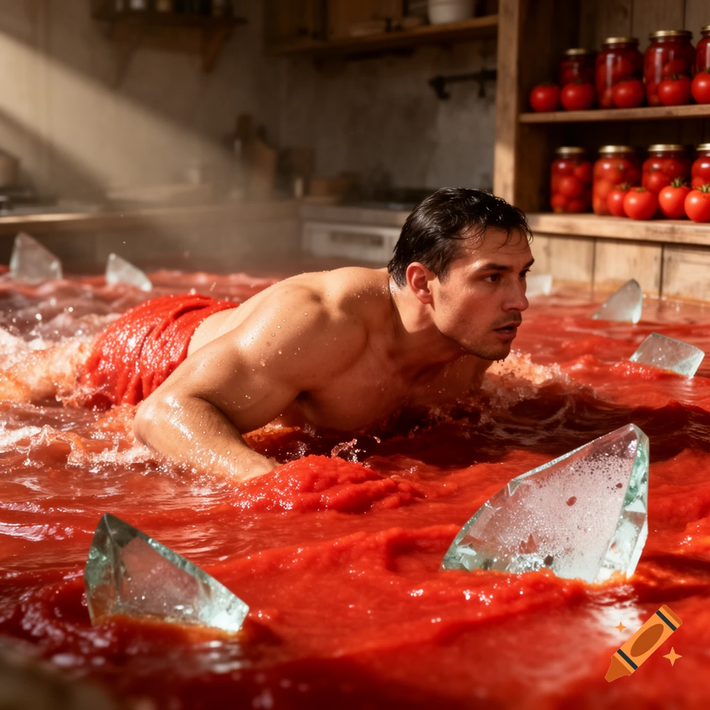 Muscular man swimming in a pool of chunky red tomato sauce with glass shards in a rustic kitchen.