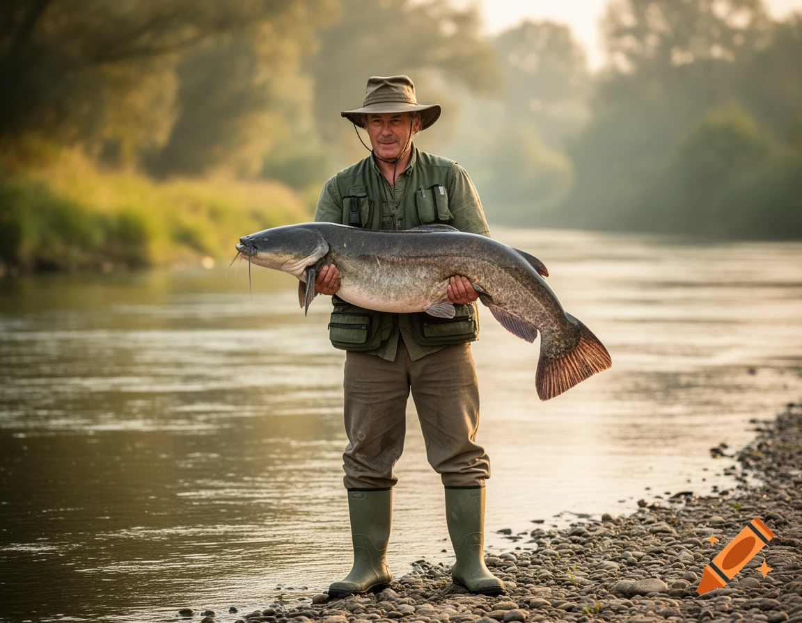 A man in a hat and fishing vest stands on a rocky riverbank, holding a large catfish in a photorealistic style.