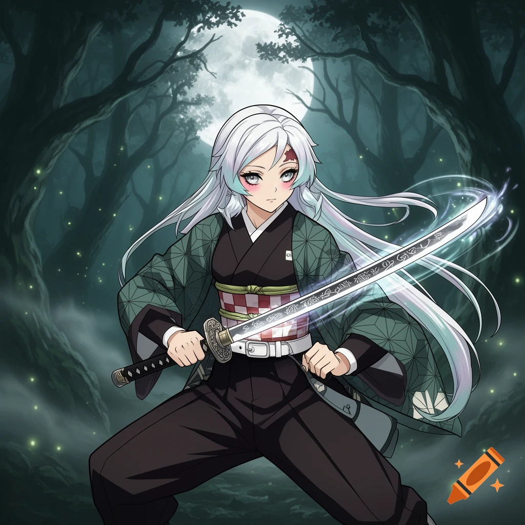 Anime girl with long white hair holds a glowing sword in a dark forest under a full moon, in a fighting stance.