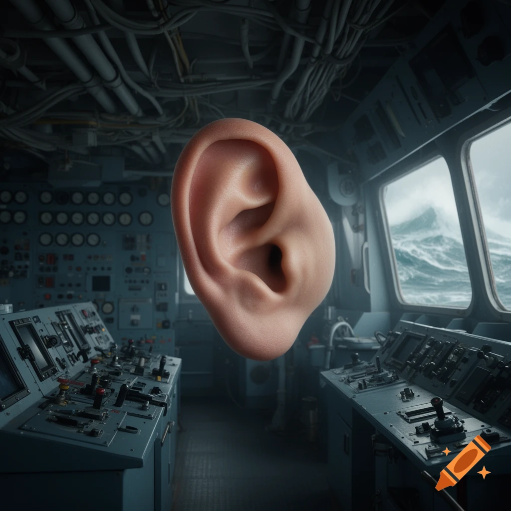 A giant, realistic human ear floats centrally in a ship's control room, with stormy seas visible through the windows.