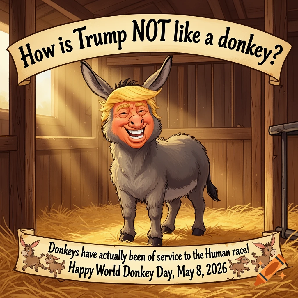 Political satire cartoon of a donkey with Donald Trump's face in a barn, with banners about Trump and donkeys.