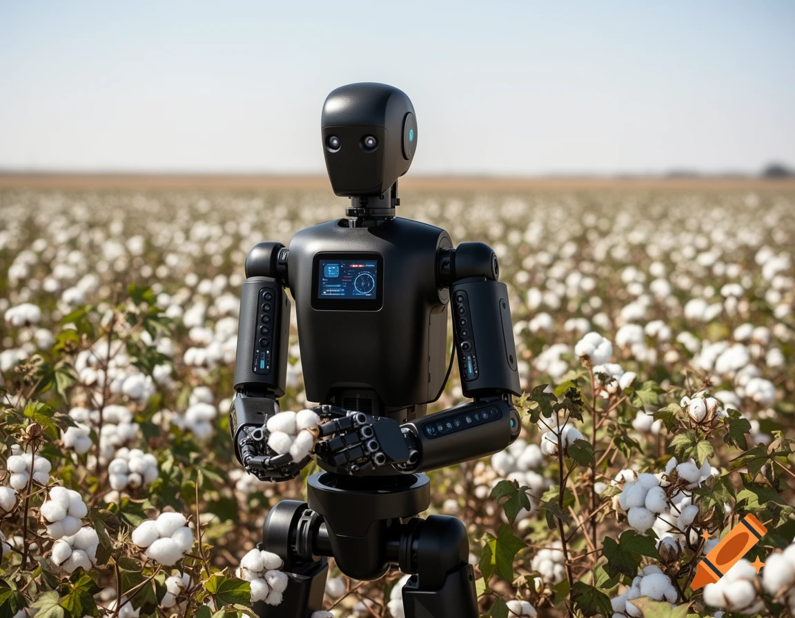 A black robot stands in a vast cotton field, holding cotton bolls in its hands, under a clear sky.