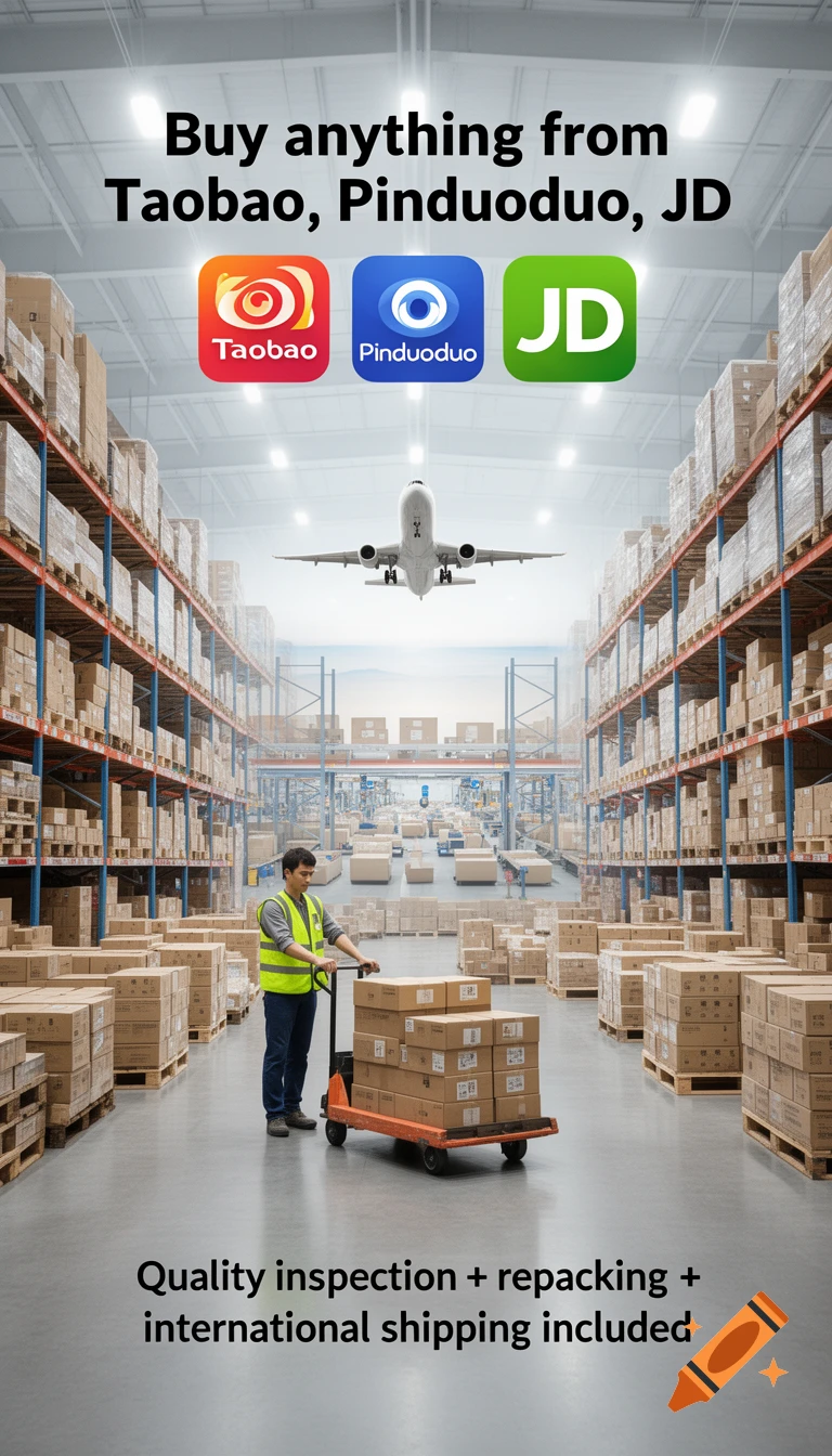 Photorealistic promotional poster showing a worker with boxes in a warehouse, an airplane overhead, and text about international shipping from Taobao, Pinduoduo, JD.