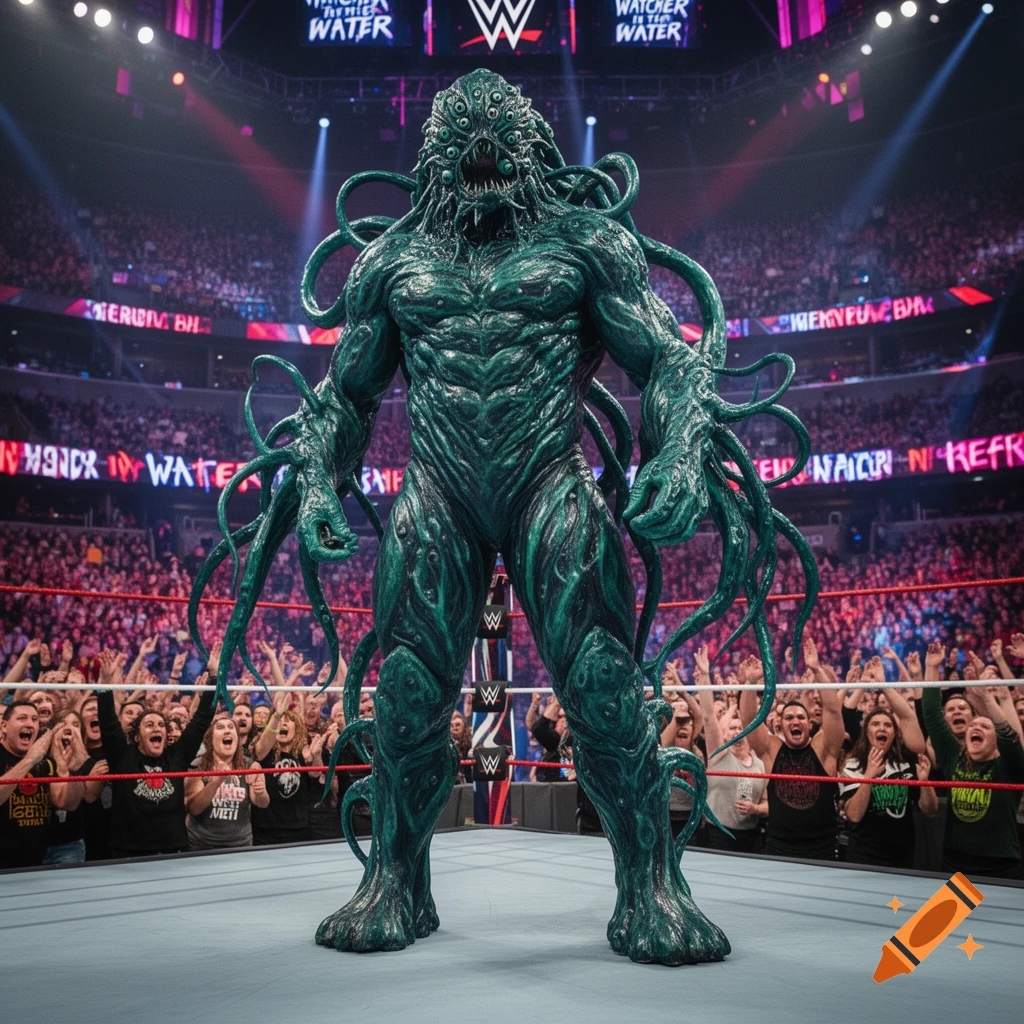 A large, green, multi-eyed, tentacled monster resembling the Watcher in the Water stands in a brightly lit WWE wrestling ring, surrounded by a cheering crowd.