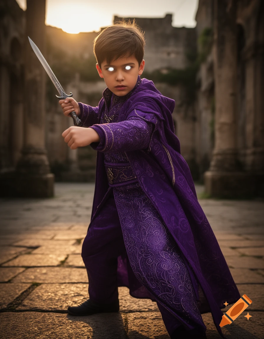 A young boy in a regal purple outfit with glowing white eyes holds a dagger in ancient ruins at sunset, looking serious.