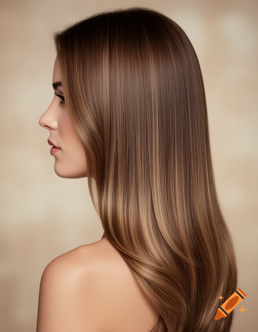 Profile view of a woman with long, straight brown hair with light highlights and layering, seen from the side.