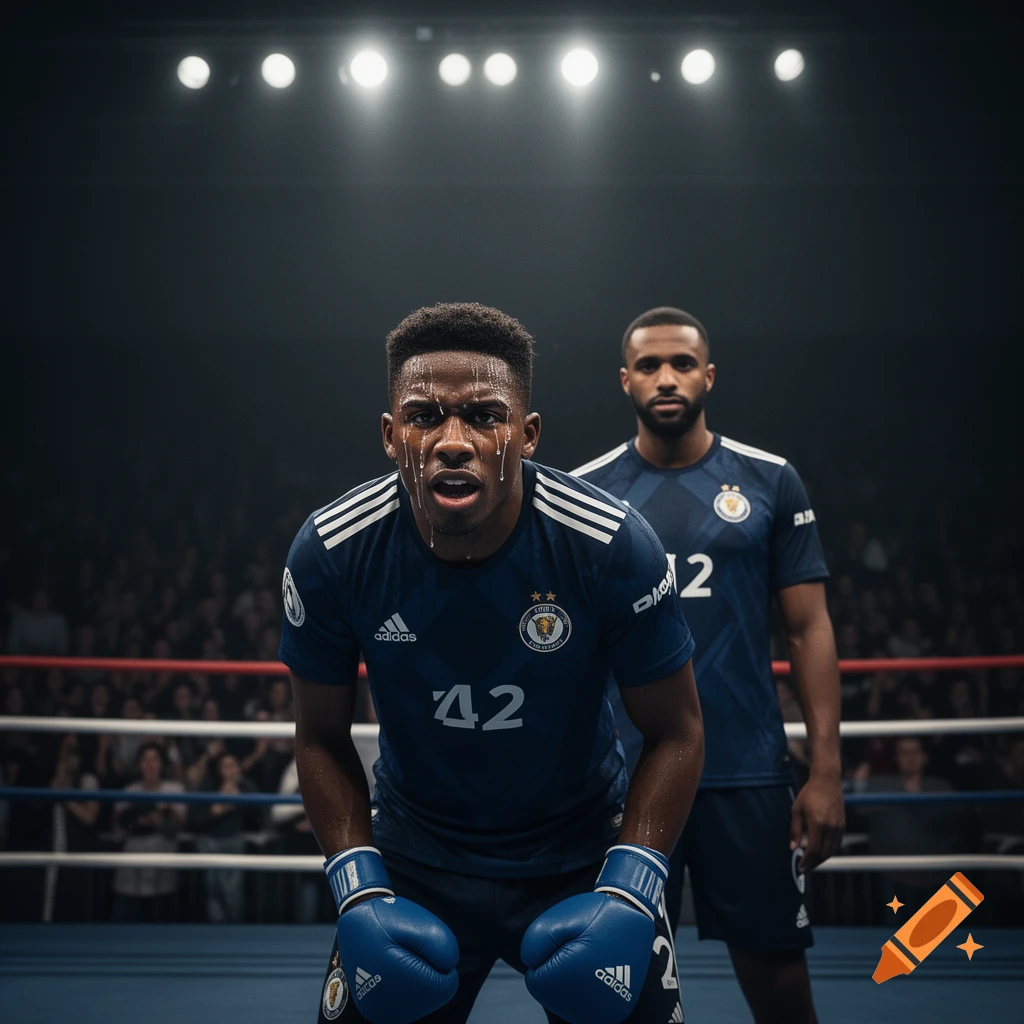 A male boxer with sweat dripping down his face looks intensely forward in a boxing ring, with another male athlete standing behind him. Photorealistic style.
