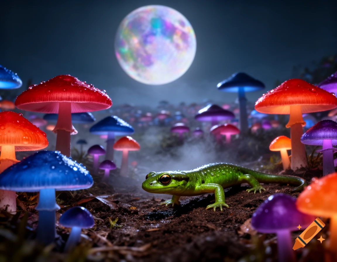 A vibrant green lizard on dirt among glowing red, blue, and purple mushrooms under a large, iridescent full moon in a foggy, dark forest.