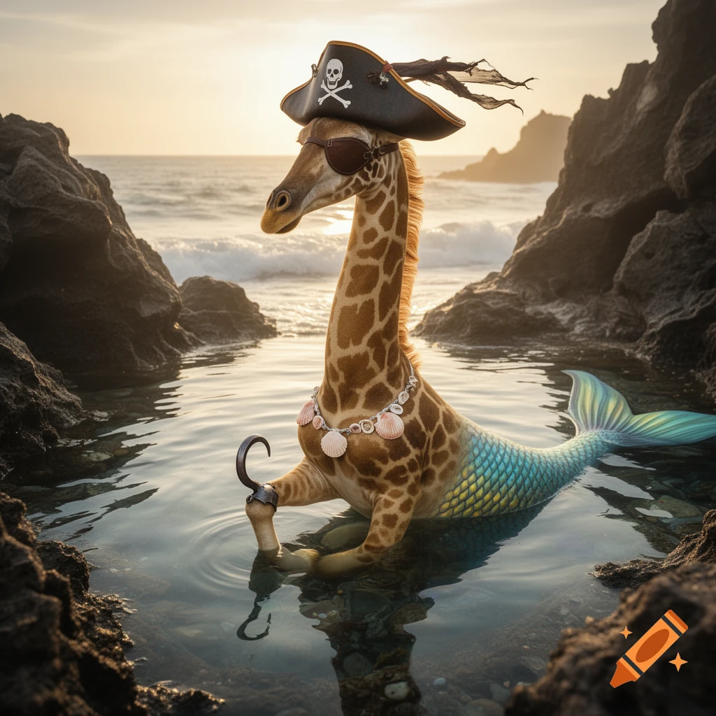 A whimsical giraffe-mermaid pirate with an eye patch and hook sits in shallow ocean water at sunset.