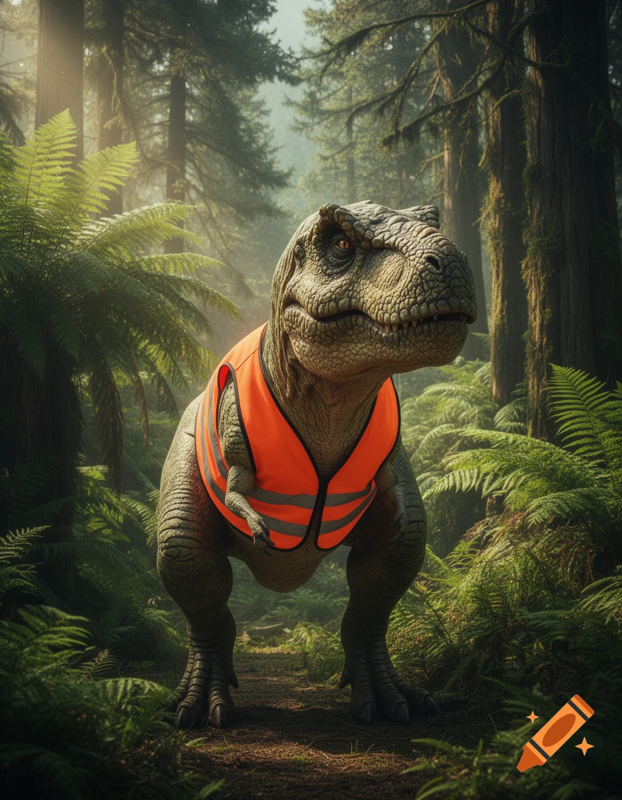 A photorealistic Tyrannosaurus Rex wearing an orange safety vest walks on a path through a dense, misty forest.