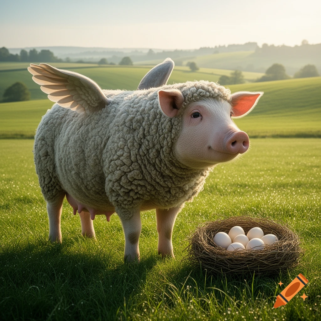 A whimsical photorealistic pig-sheep hybrid with wings stands in a sunny green field next to a bird's nest filled with white eggs.