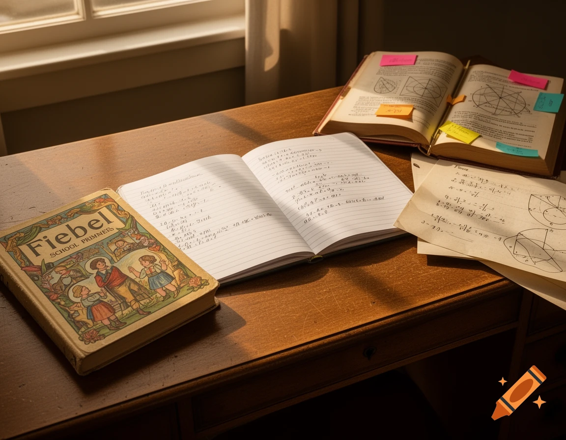 An old-fashioned wooden desk with an open notebook showing handwritten math, an open math textbook with diagrams, and a book titled 'FIEBELL SCHOOL PRIMMERS' by a window.