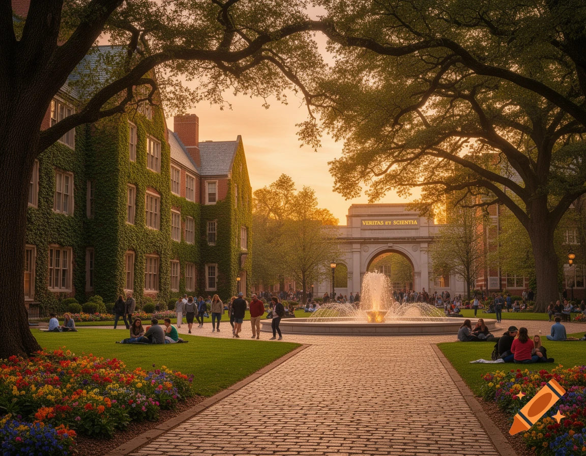 A vibrant university campus at sunset, with students walking and relaxing on lawns, ivy-covered buildings, a fountain, and a grand archway.