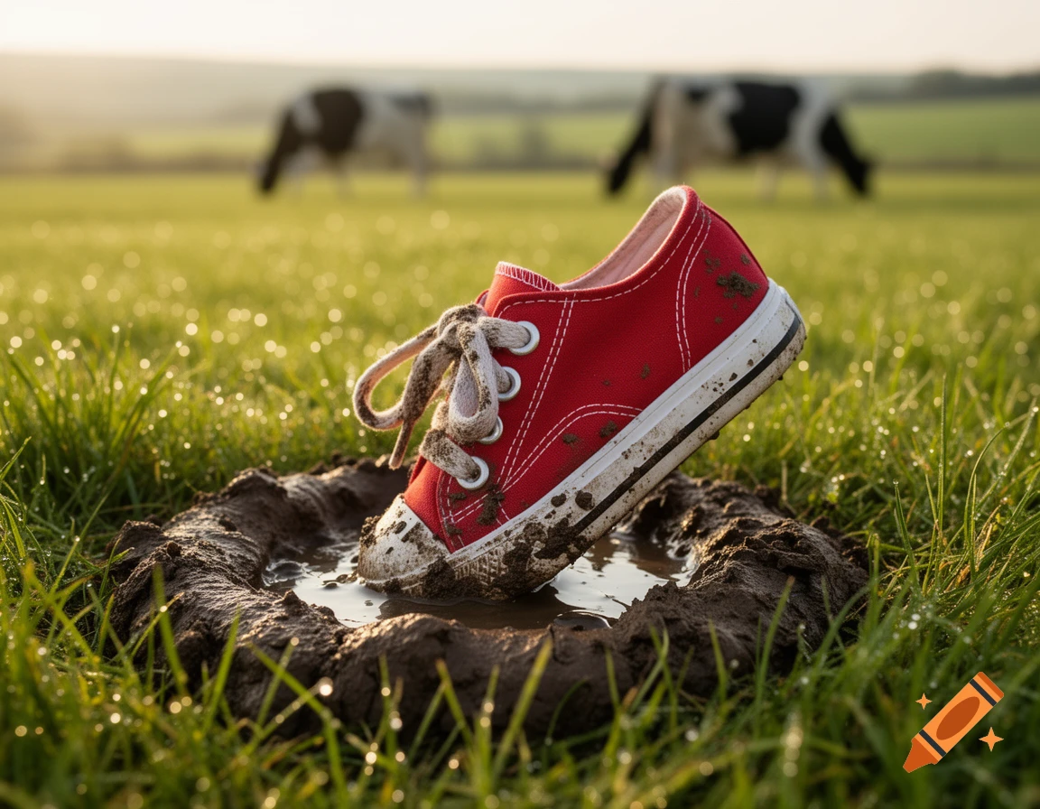 Red child's sneaker stuck in a muddy puddle in a green field with cows in the background.