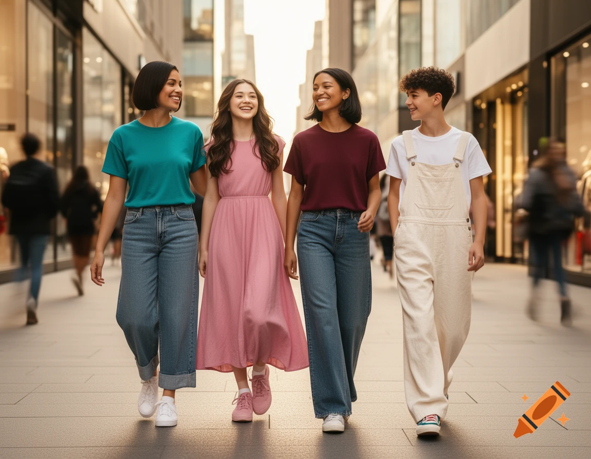 Four smiling people, two women and two teenagers, walk casually down a sunny city street lined with stores.