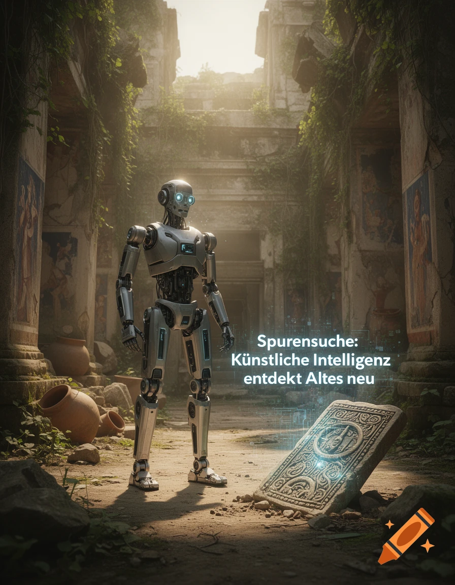 A photorealistic image of a sleek robot standing in ancient, overgrown ruins, next to a glowing carved stone tablet.