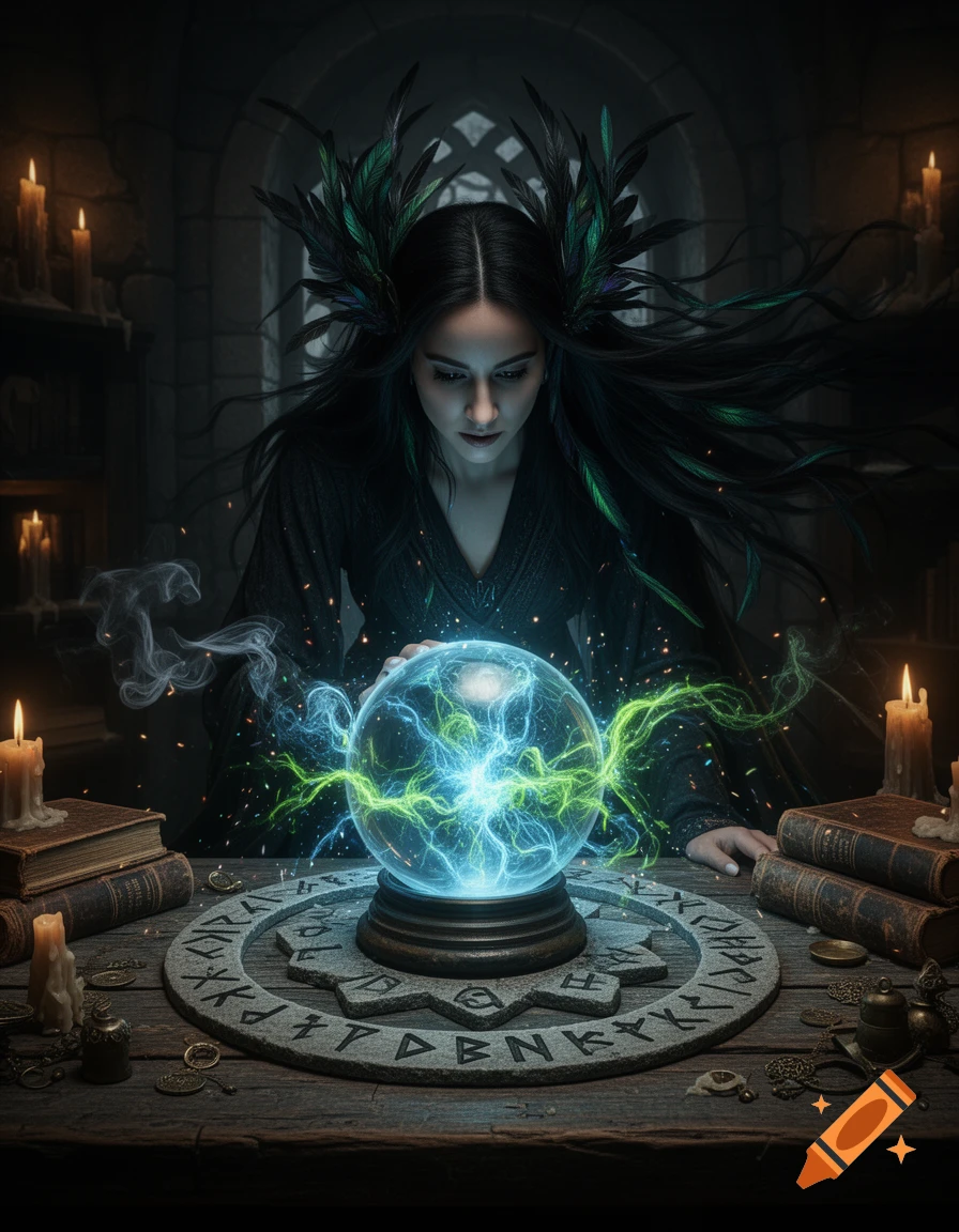 A dark-haired witch with green feathers in her hair looms over a glowing blue and green crystal ball on a runic table, surrounded by candles.