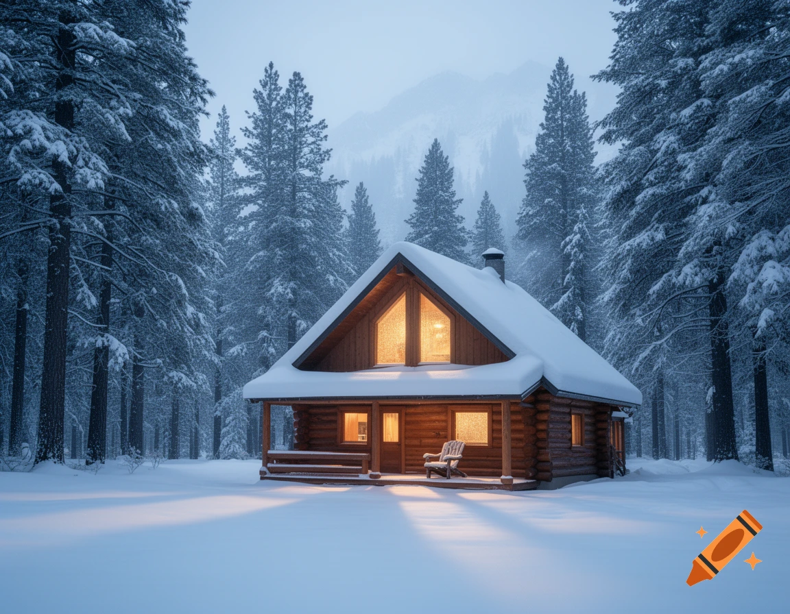 A cozy log cabin covered in snow, nestled in a dense pine forest with glowing windows at dusk.