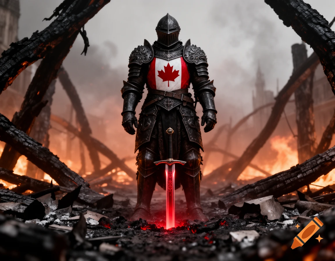 A dark armored knight with a Canadian flag on his chest stands with a glowing red sword plunged into the ground, surrounded by burning ruins and smoke.