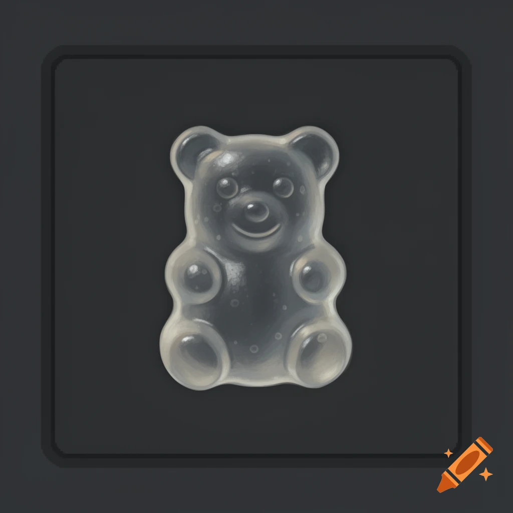 A translucent pale gummy bear candy rendered in a painterly game sprite style on a dark background.