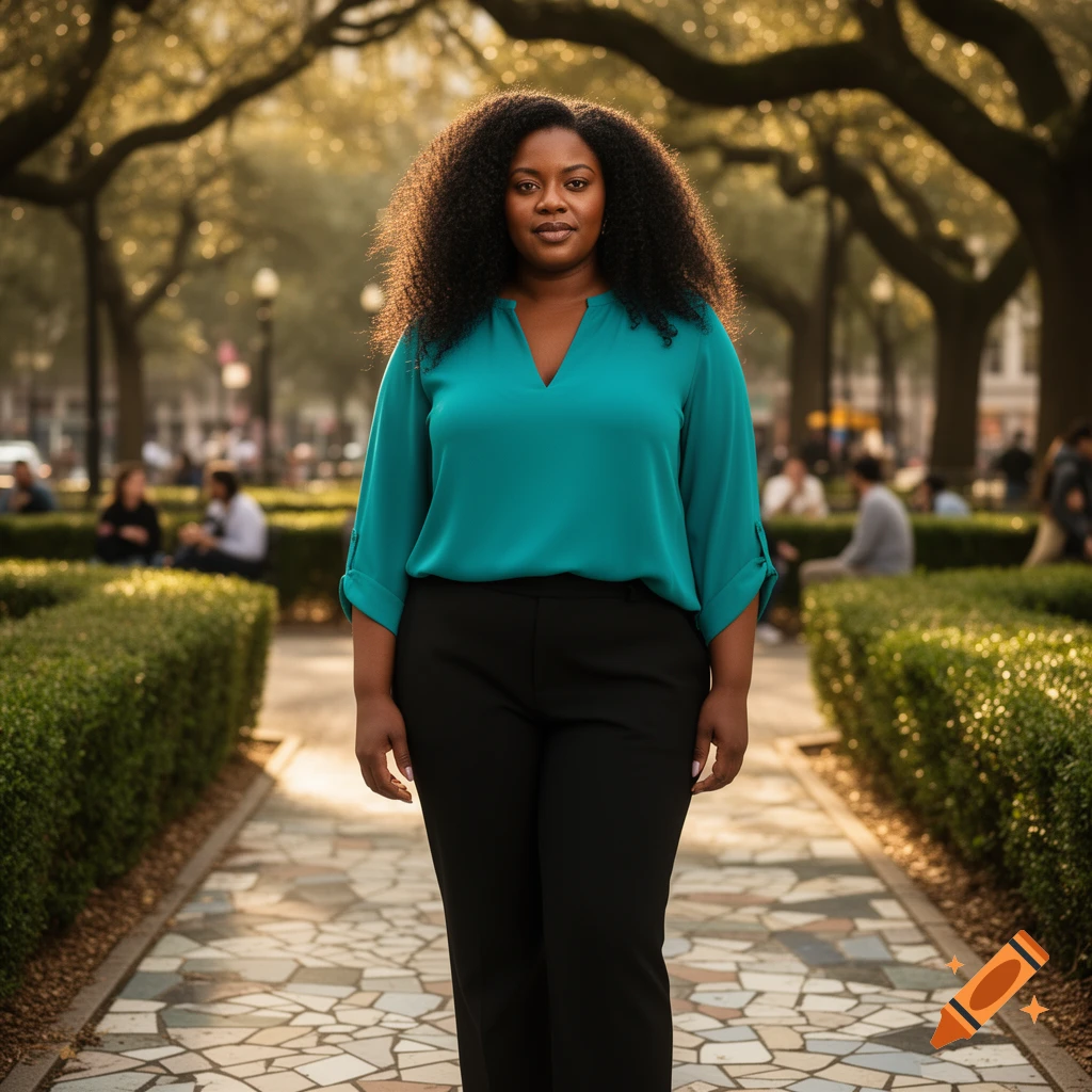 Photorealistic portrait of a Black woman with dark curly hair, wearing a teal blouse and black pants, standing on a tiled path in a sunny park.