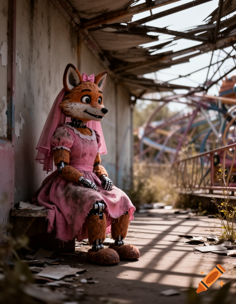 An abandoned animatronic fox in a dirty pink dress and veil sits on a bench in a derelict building, with a ferris wheel in the background.