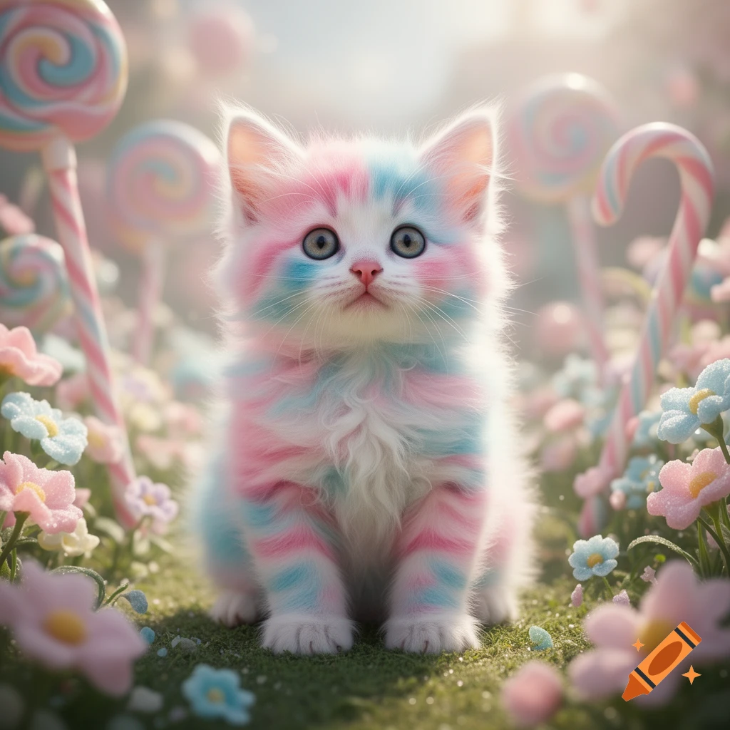 A fluffy white kitten with pink and blue stripes sits among pastel flowers and lollipops in soft light.