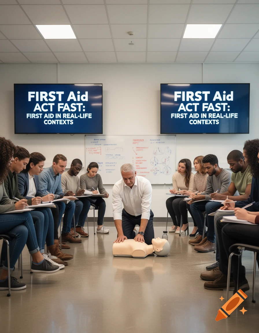 Diverse adults attend a photorealistic first aid class with an instructor demonstrating CPR on a mannequin, screens showing 'FIRST Aid ACT FAST'.