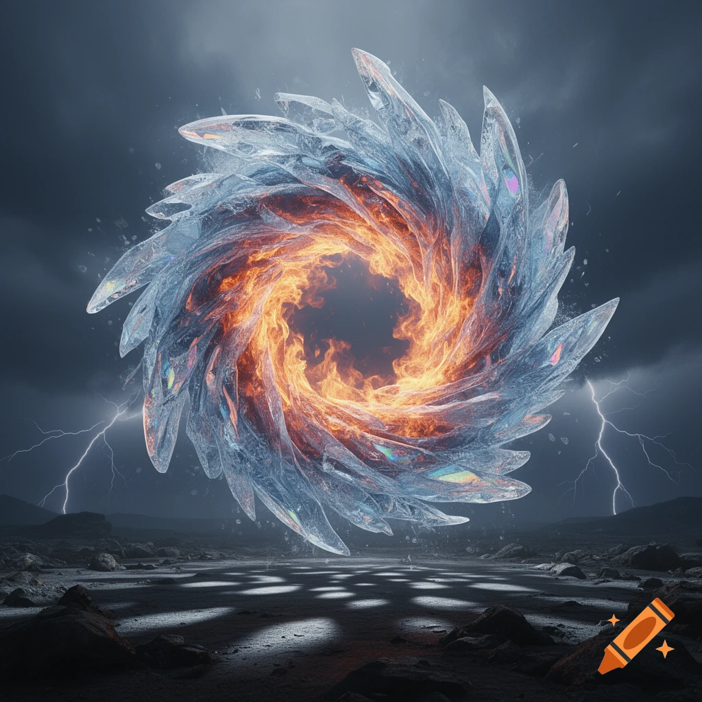 A swirling vortex of glowing orange fire and sharp blue ice crystals hovers over a dark, rocky landscape with lightning.