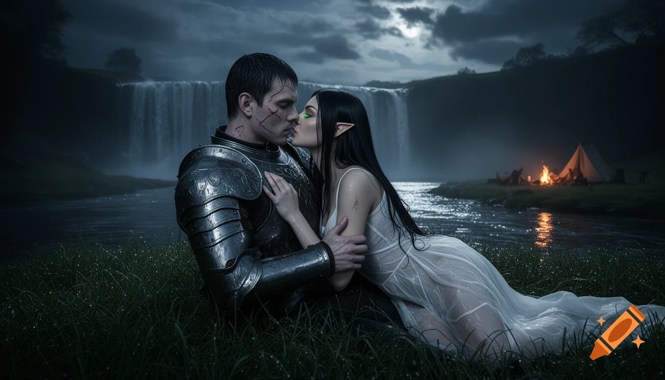 An ultra realistic image of a knight and an elf passionately kissing on wet grass by a river and waterfall at night, with a campfire in the background.