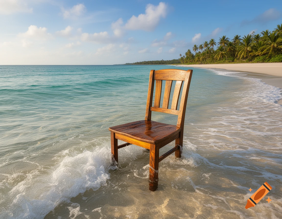 A wooden chair stands in the turquoise ocean water at a sunny tropical beach with palm trees.