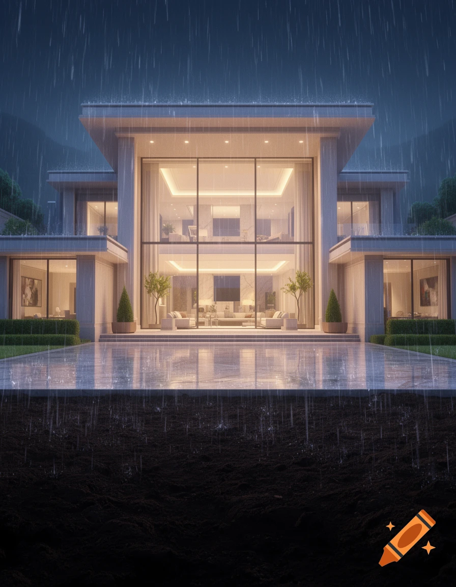 A modern mansion with large glass windows and illuminated interior, seen from the front during a dramatic rain shower at night.