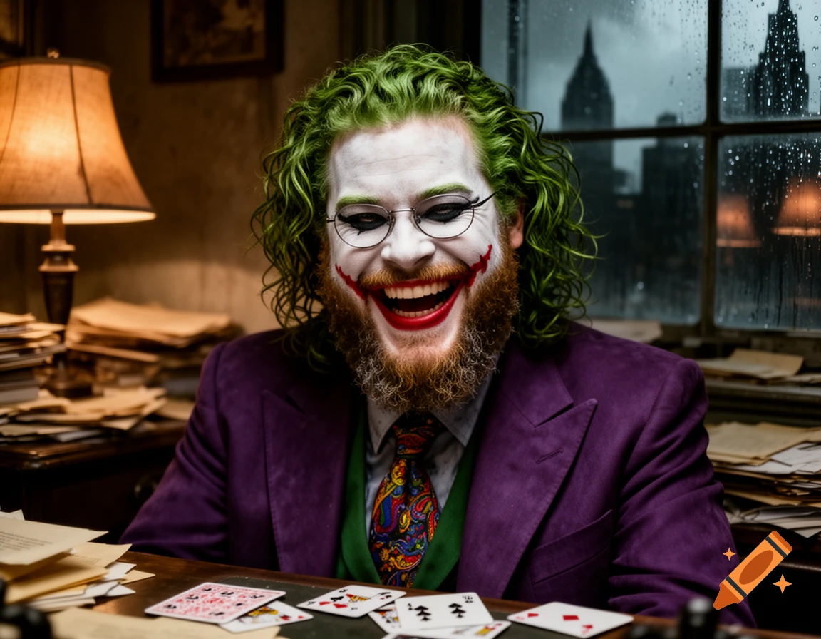 A photorealistic portrait of Seth Rogen as the Joker with green hair, white face paint, and a red beard, laughing at a desk with playing cards.