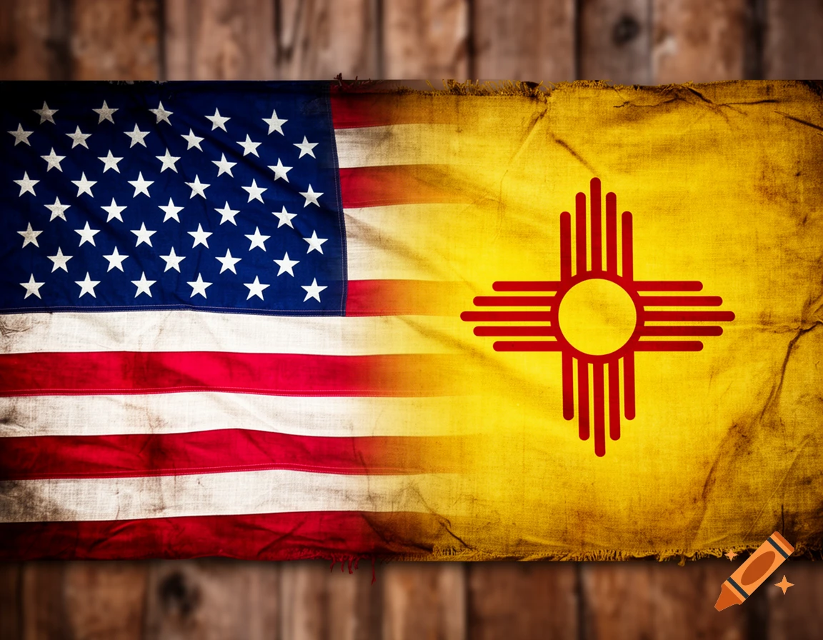 A distressed American flag on the left fading into a distressed New Mexico flag on the right, set against a wooden background.