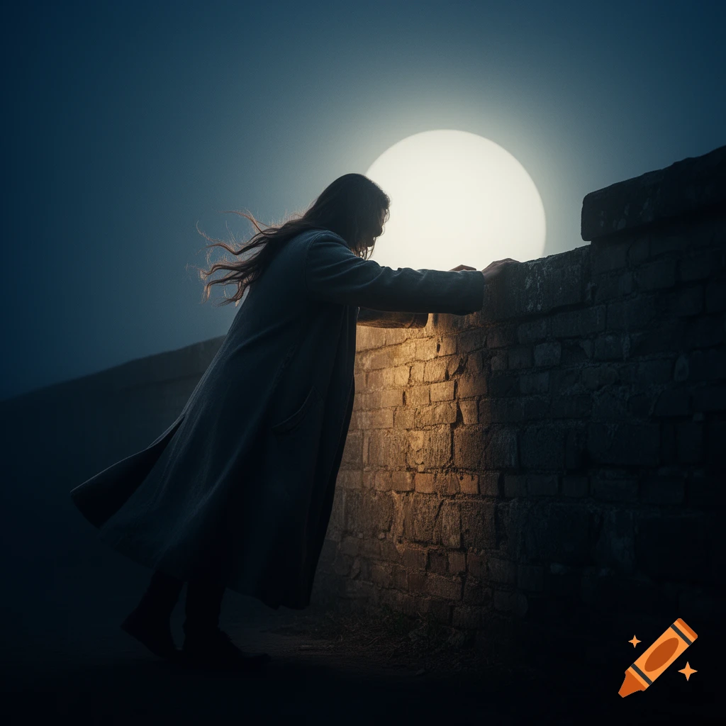 A person in a long coat leans over a dark brick wall, silhouetted against a bright moon or sun, with dramatic lighting.