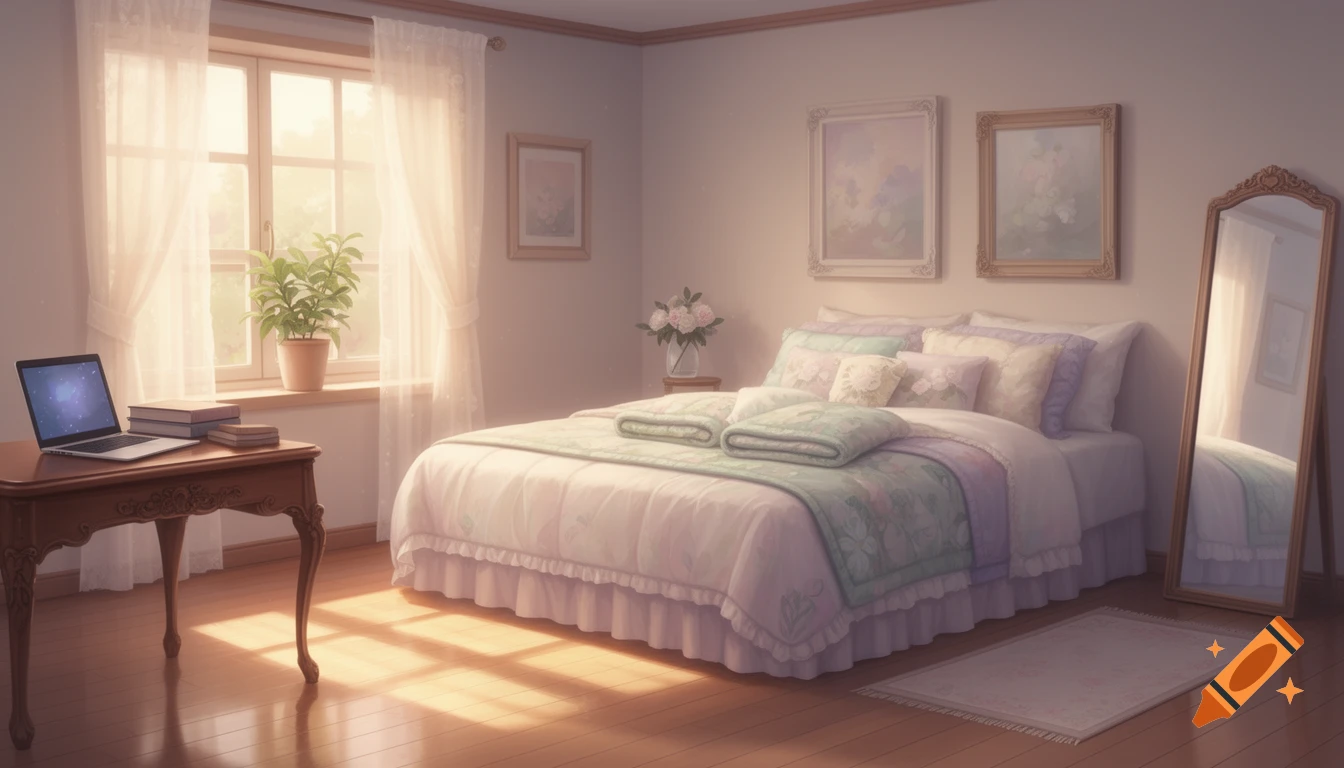 A cozy, sunlit bedroom with a bed featuring pastel linens, a wooden table with a laptop, and a floor-length mirror.