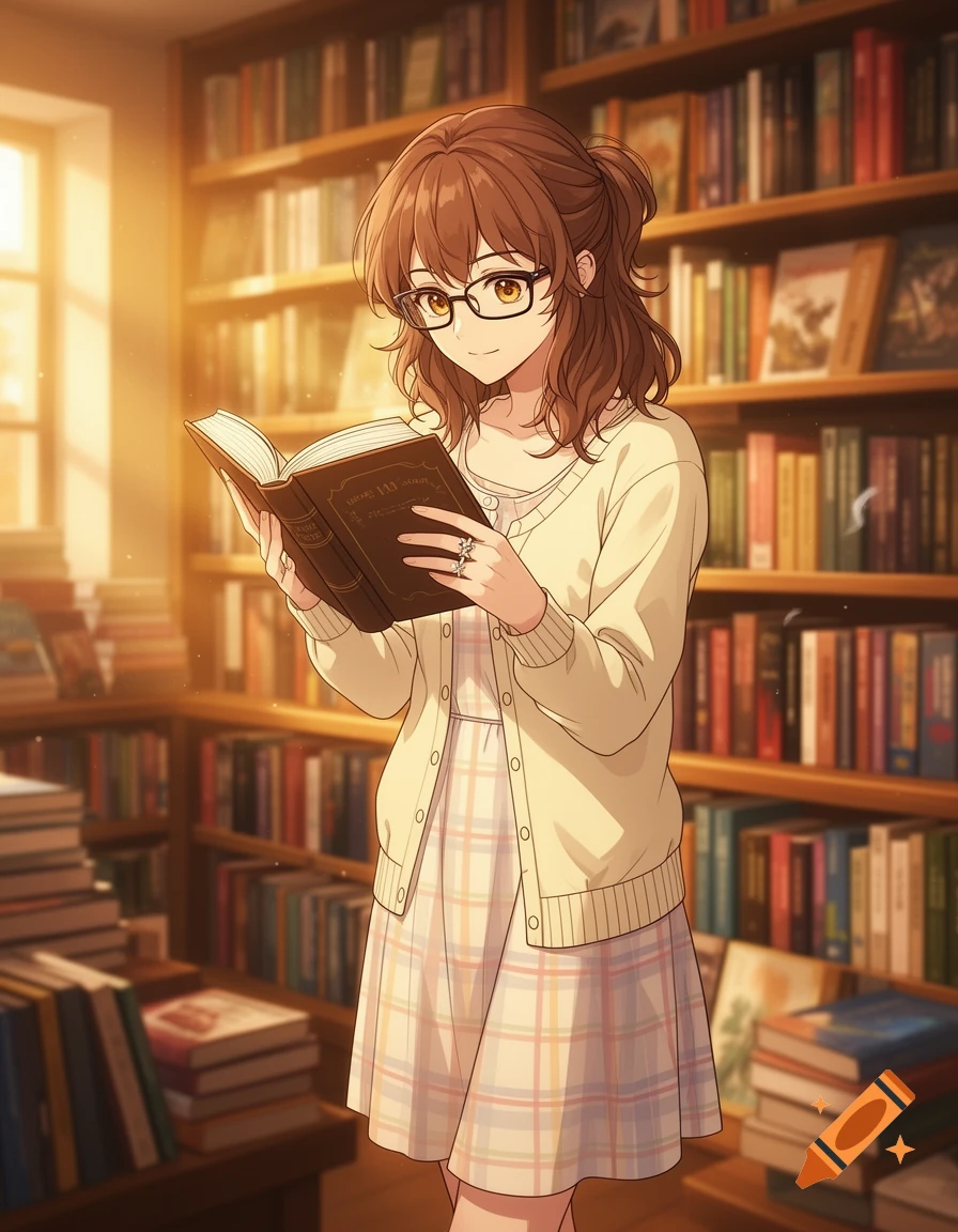 Anime girl with brown hair and glasses, wearing a white cardigan and plaid dress, standing in a sunlit library and reading a book.