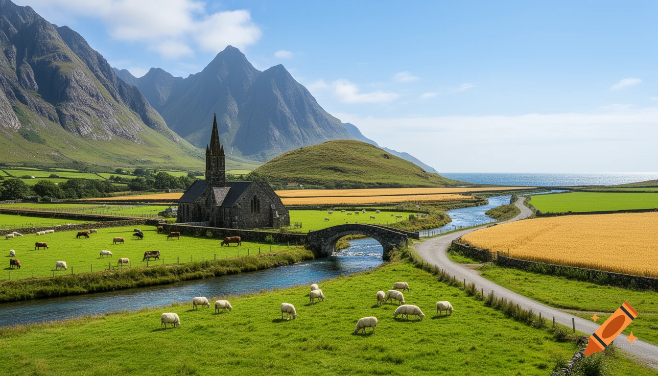 Photorealistic landscape: a valley with a stone church, river, bridge, and grazing sheep/cows, mountains and sea in the background.