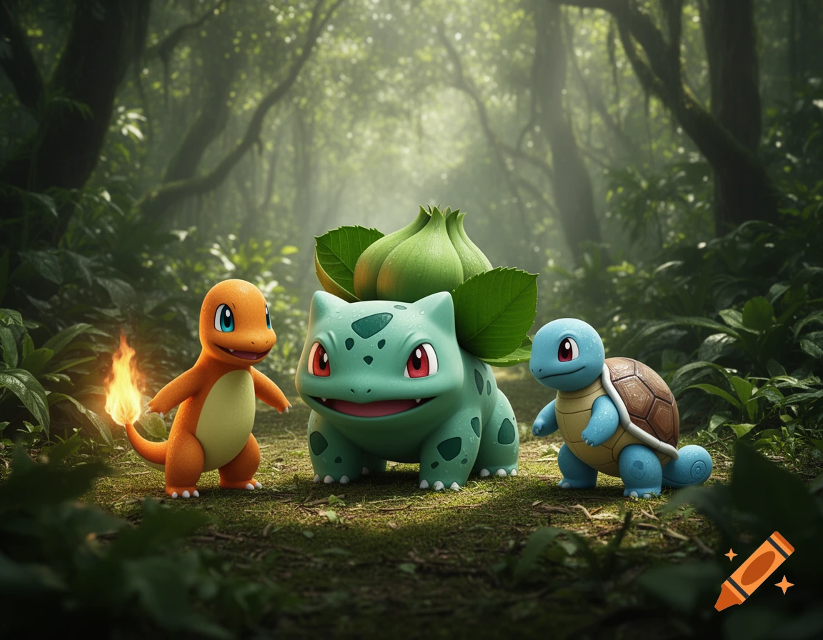 Charmander, Bulbasaur, and Squirtle stand together in a lush, misty ...