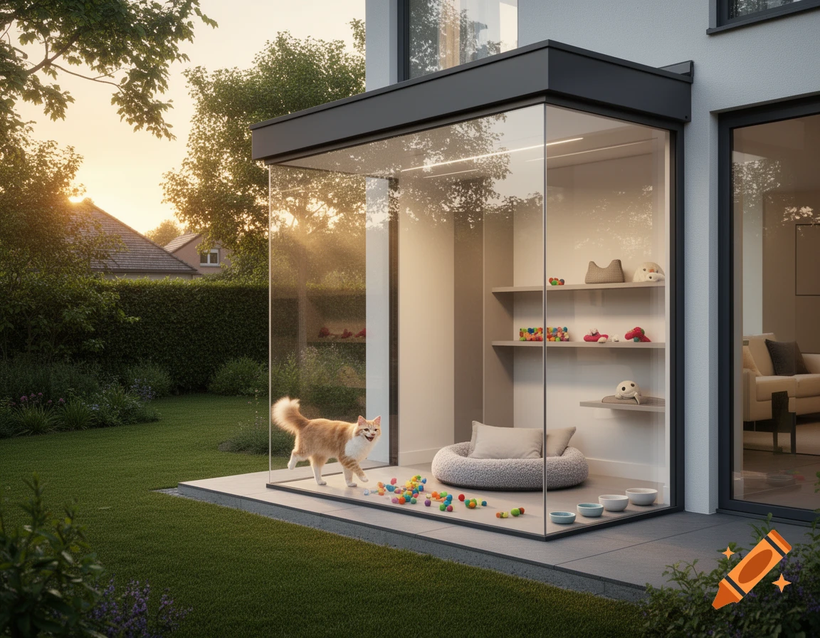 A ginger cat stands in a modern glass outdoor pet enclosure with toys and pet beds, connected to a house, overlooking a sunny green garden.
