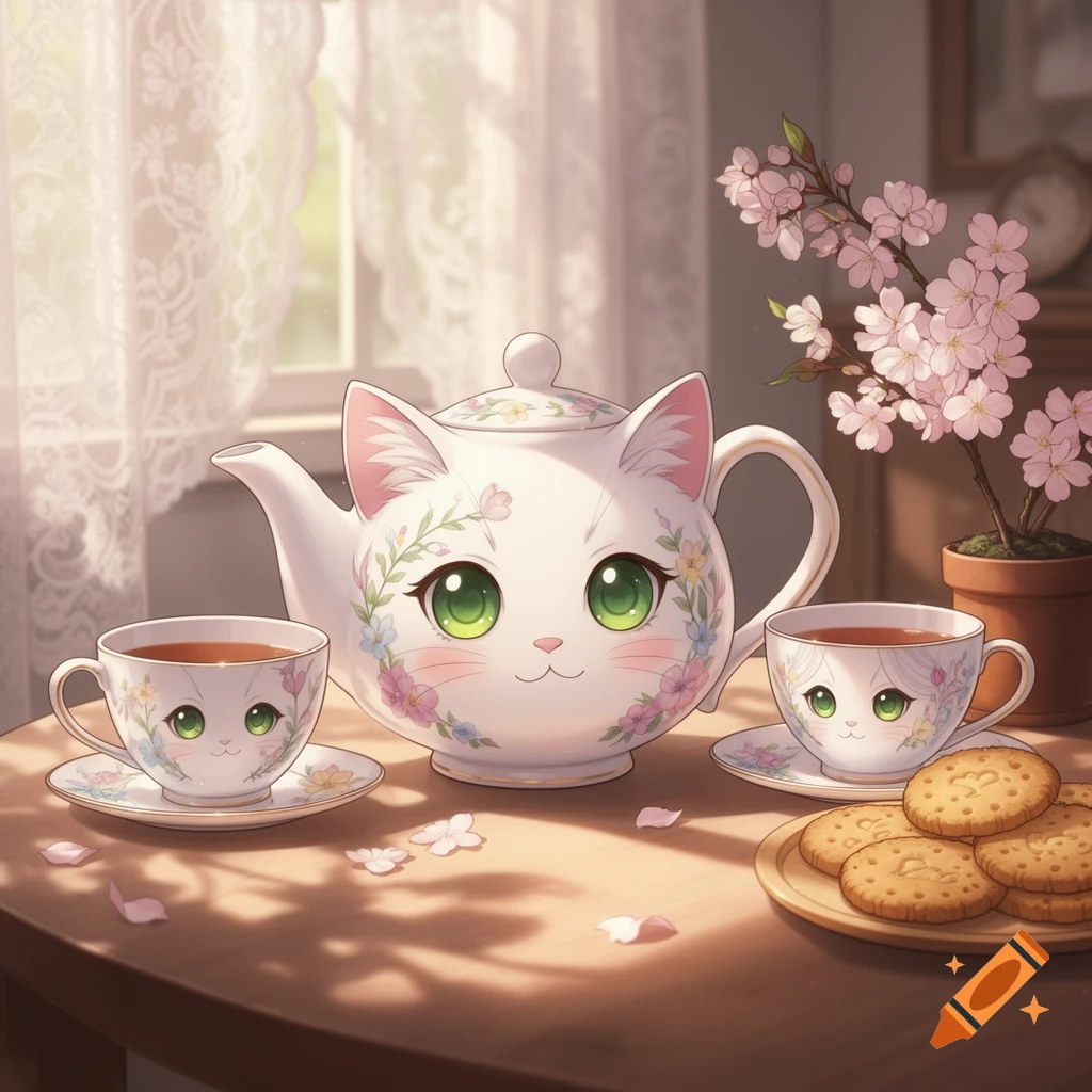 A cute anime cat-faced teapot and two tea cups with cookies and cherry blossoms on a sunny wooden table.
