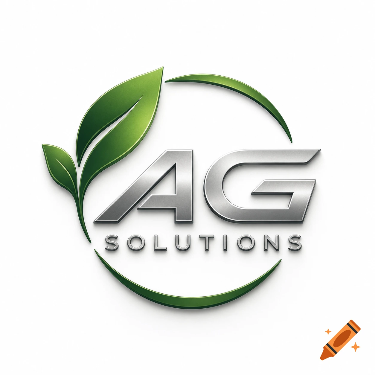A 3D metallic logo featuring large letters 'AG' with 'SOLUTIONS' beneath, flanked by green leaves and a circular green arc.