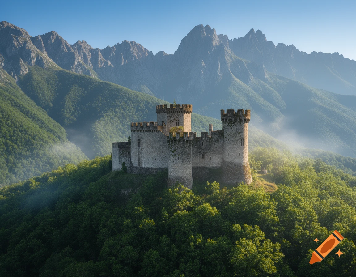 Photorealistic medieval stone castle with turrets on a lush green forested hilltop, with majestic mountains and soft mist in the background.