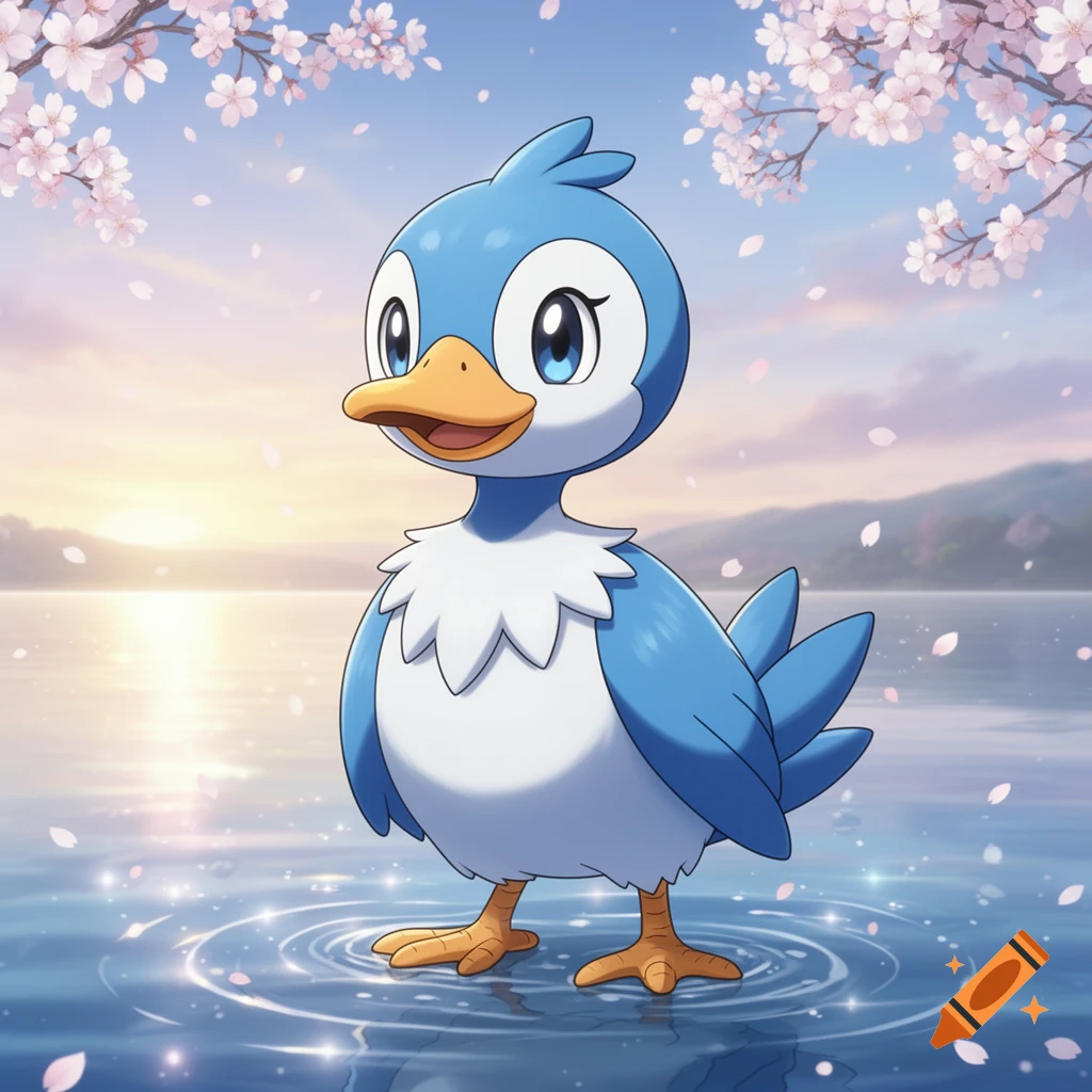 Quaxly, a blue duck-like Pokemon, stands in shimmering water with cherry blossoms falling at sunset in an anime style.