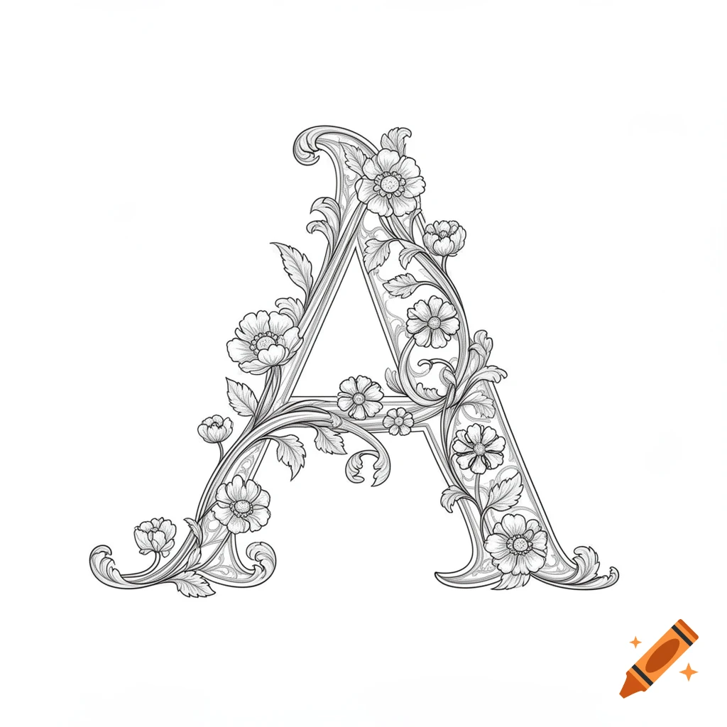 Detailed black and white line art illustration of the letter A, adorned with intricate flowers and leaves.