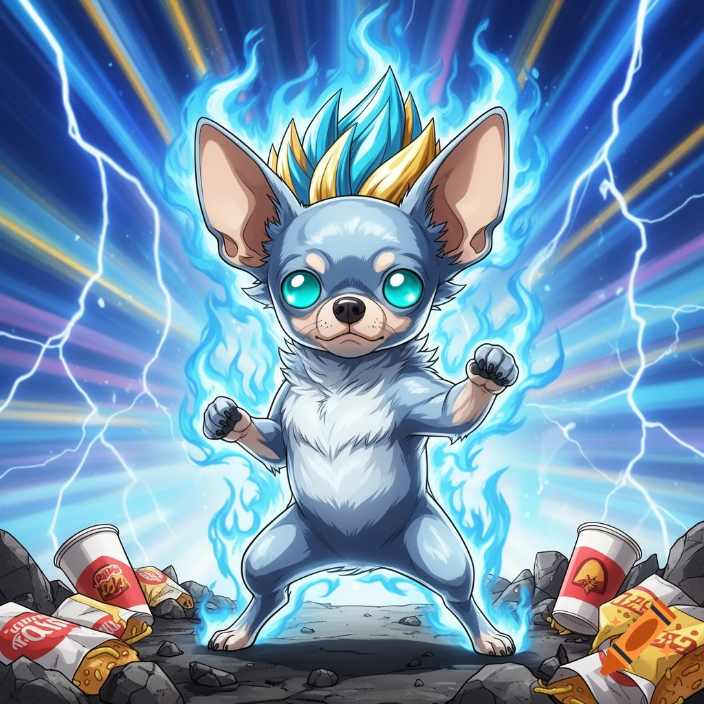 A fierce Super Saiyan Blue chihuahua with spiky blue and gold hair stands amidst blue energy and lightning, with scattered Taco Bell debris.