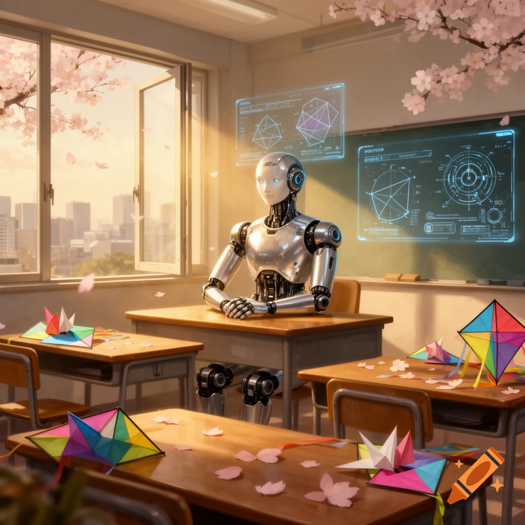 A silver robot with glowing eyes sits at a desk in an anime-style classroom filled with cherry blossoms and origami, with glowing data screens.
