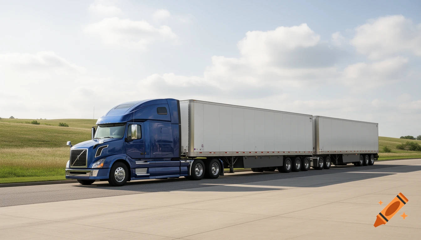 Photorealistic image of a blue semi-truck with two white trailers parked on an asphalt road by a grassy hill.
