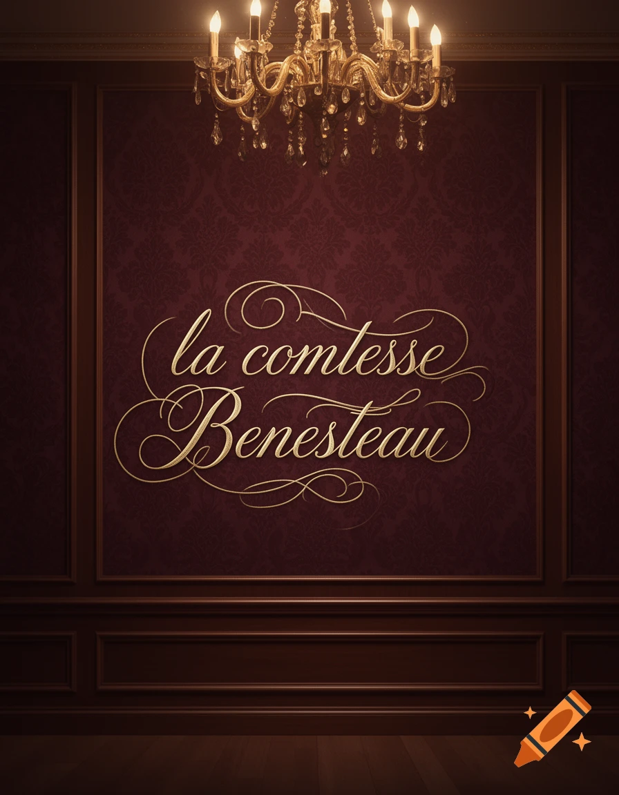 A luxurious room with dark wood paneling, ornate reddish-purple wallpaper, a gold chandelier, and 'la comtesse Benesteau' in gold script.